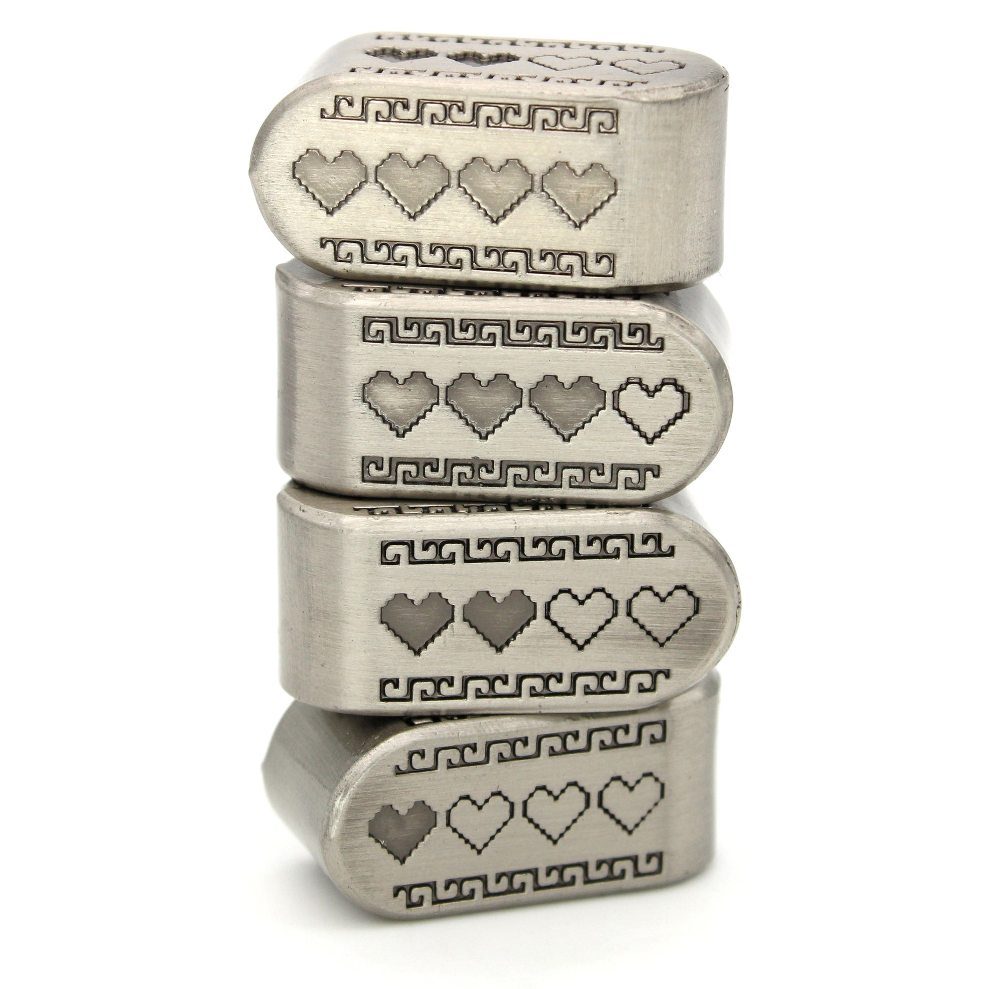 Pixel Hearts: Death Mountain are custom Infinity d4s cast in silver metal.