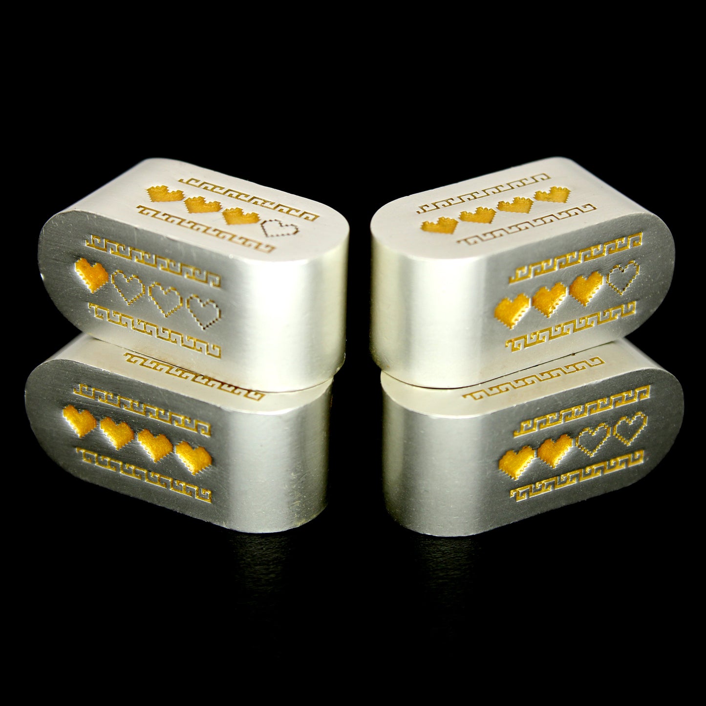 Pixel Hearts: Metal Healer Gold are custom Infinity d4s cast in silver metal and inked in gold.