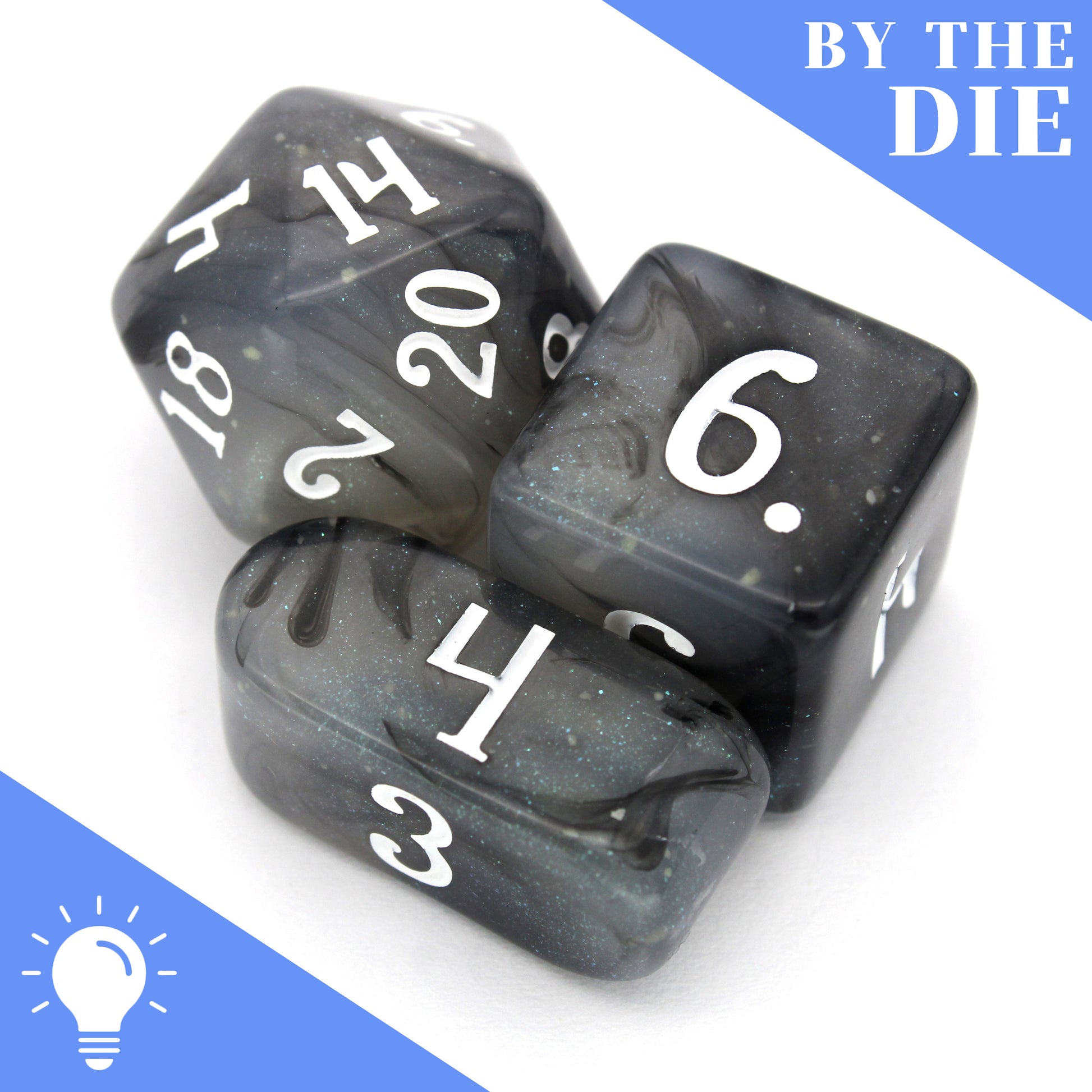 Poison Cloud (by the die) are individual black and grey, glow in the dark resin dice with subtle silver micro glitter, inked in white.