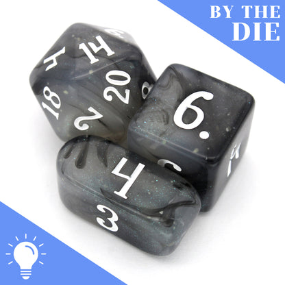 Poison Cloud (by the die) are individual black and grey, glow in the dark resin dice with subtle silver micro glitter, inked in white.