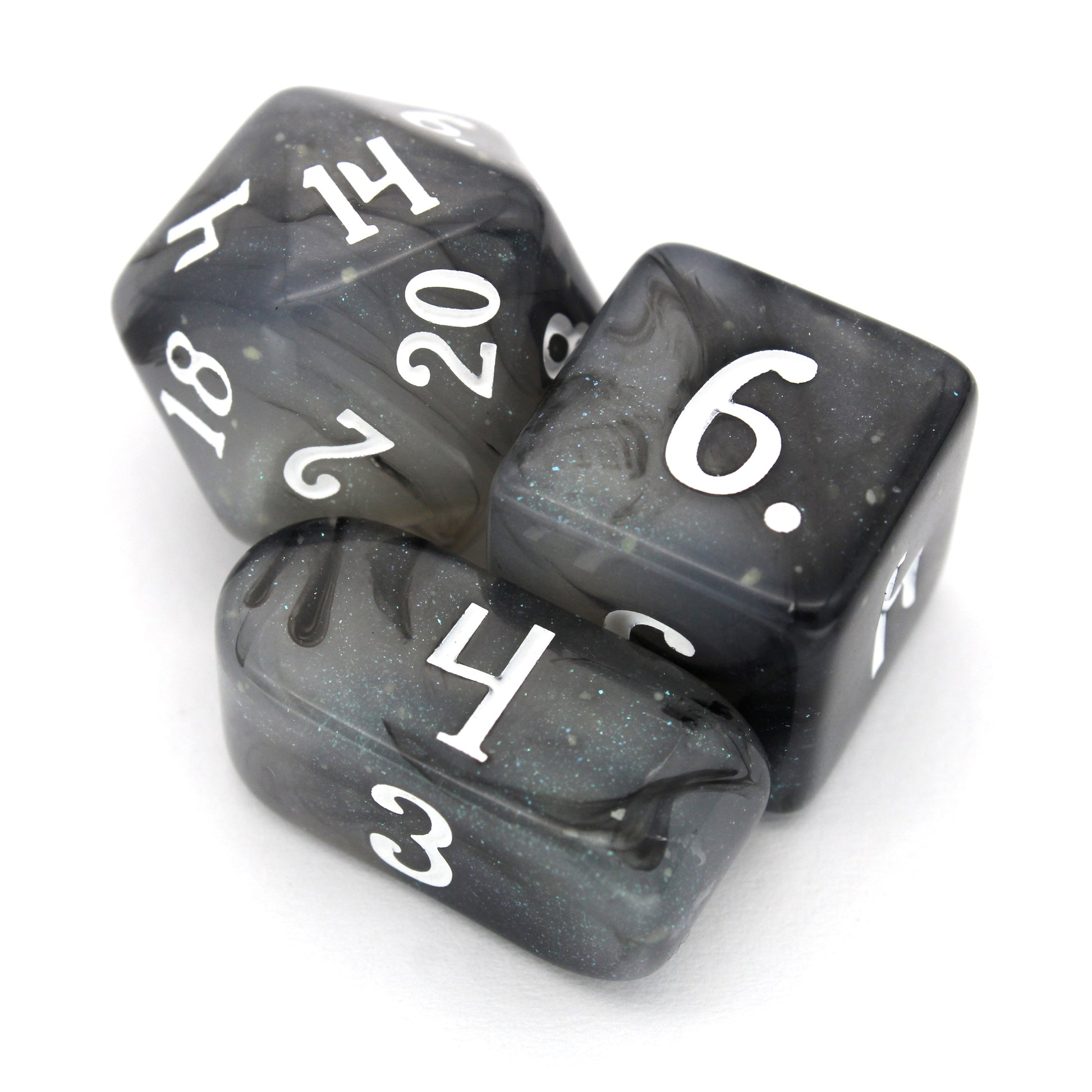 Poison Cloud is a 10-piece, black and grey, glow in the dark resin set with subtle silver micro glitter, inked in white.