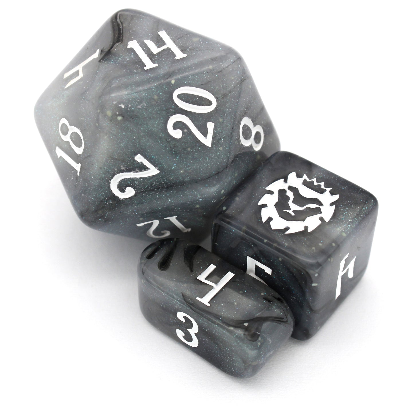 Poison Cloud is a 10-piece, black and grey, glow in the dark resin set with subtle silver micro glitter, inked in white.