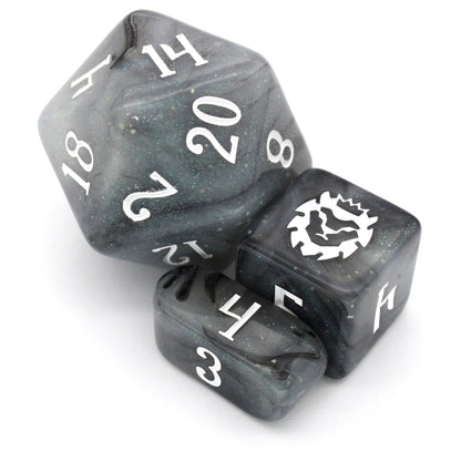 Poison Cloud is a 10-piece, black and grey, glow in the dark resin set with subtle silver micro glitter, inked in white.