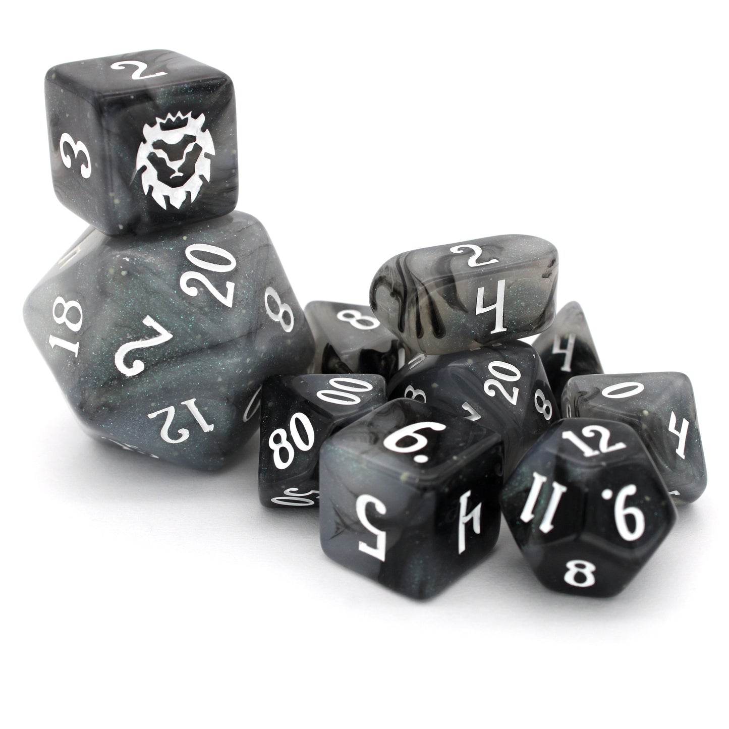 Poison Cloud is a 10-piece, black and grey, glow in the dark resin set with subtle silver micro glitter, inked in white.