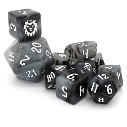 Poison Cloud is a 10-piece, black and grey, glow in the dark resin set with subtle silver micro glitter, inked in white.