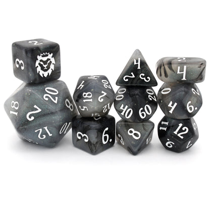 Poison Cloud is a 10-piece, black and grey, glow in the dark resin set with subtle silver micro glitter, inked in white.