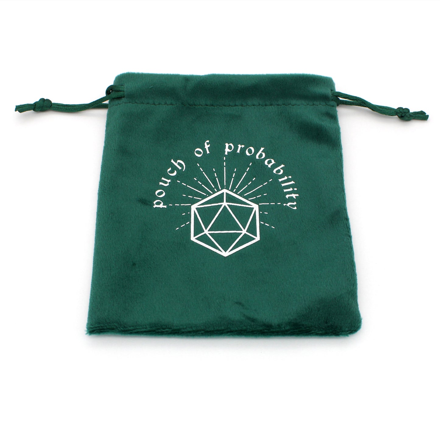 Pouch of Probability is a velvety drawstring dice bag in emerald green with a Dice Envy Original silver hot-stamped design, perfect for holding your favorite sets of dice!