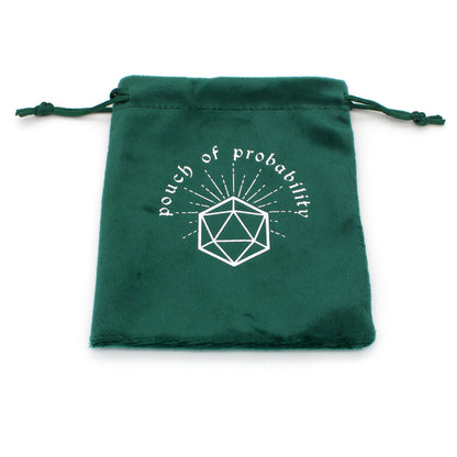 Pouch of Probability is a velvety drawstring dice bag in emerald green with a Dice Envy Original silver hot-stamped design, perfect for holding your favorite sets of dice!