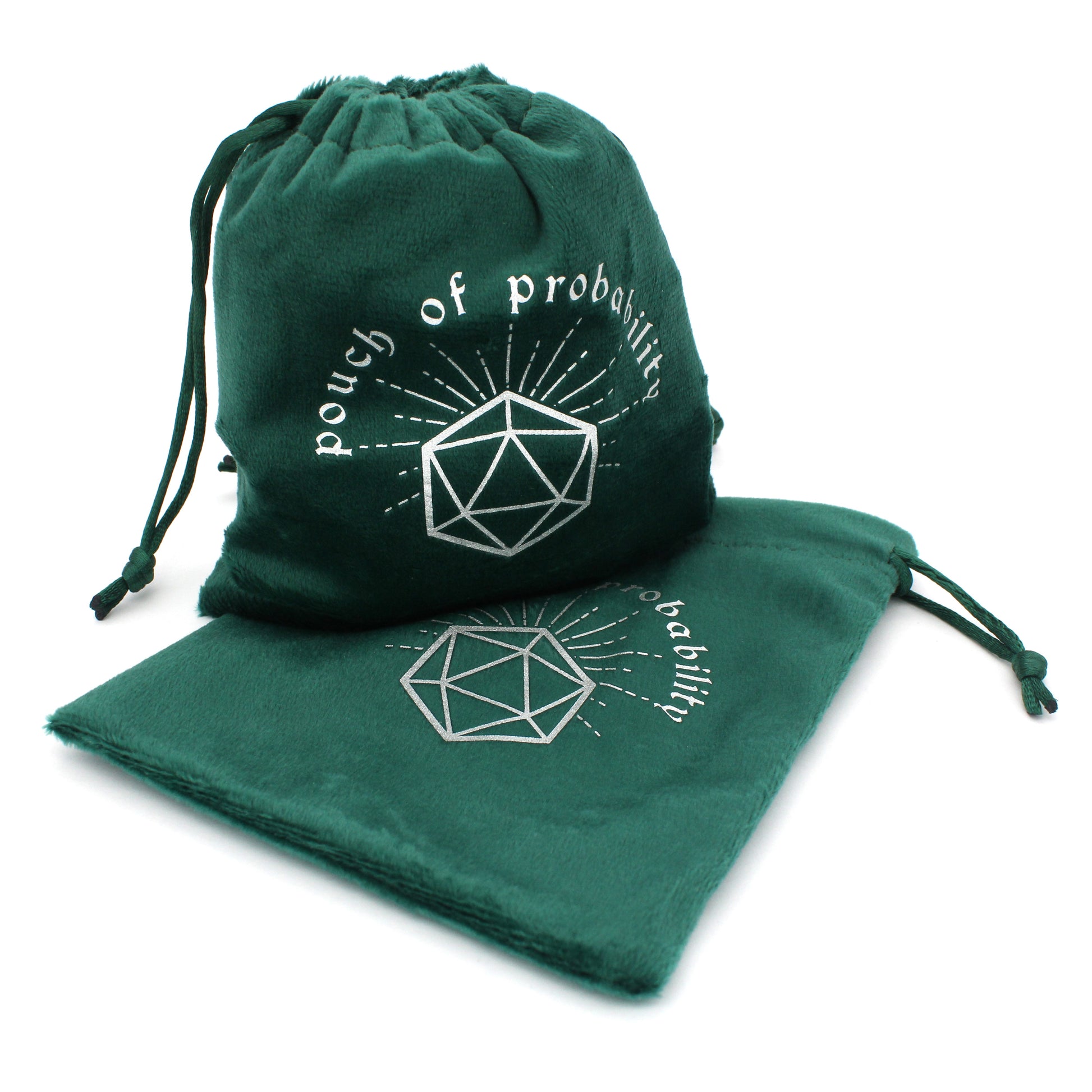 Pouch of Probability is a velvety drawstring dice bag in emerald green with a Dice Envy Original silver hot-stamped design, perfect for holding your favorite sets of dice!