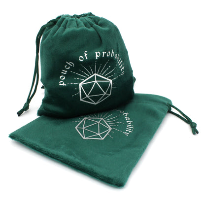 Pouch of Probability is a velvety drawstring dice bag in emerald green with a Dice Envy Original silver hot-stamped design, perfect for holding your favorite sets of dice!