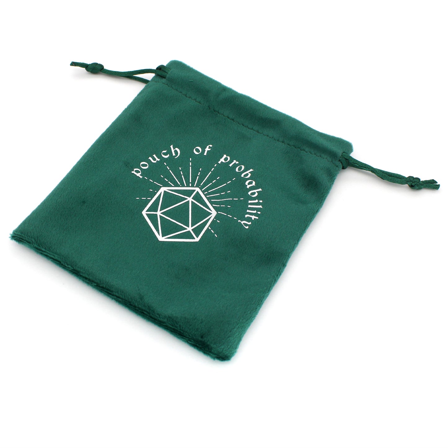 Pouch of Probability is a velvety drawstring dice bag in emerald green with a Dice Envy Original silver hot-stamped design, perfect for holding your favorite sets of dice!