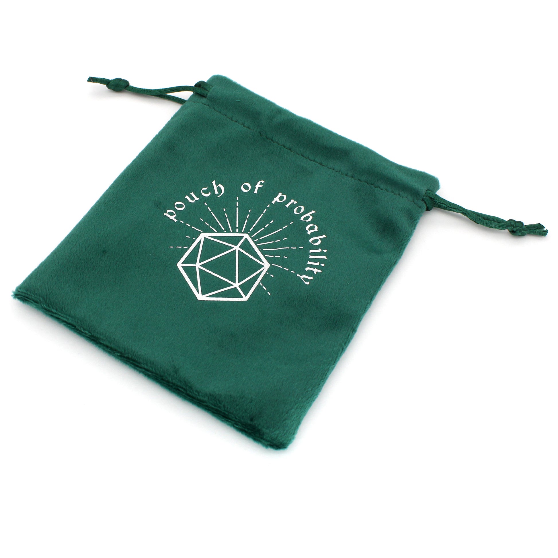 Pouch of Probability is a velvety drawstring dice bag in emerald green with a Dice Envy Original silver hot-stamped design, perfect for holding your favorite sets of dice!