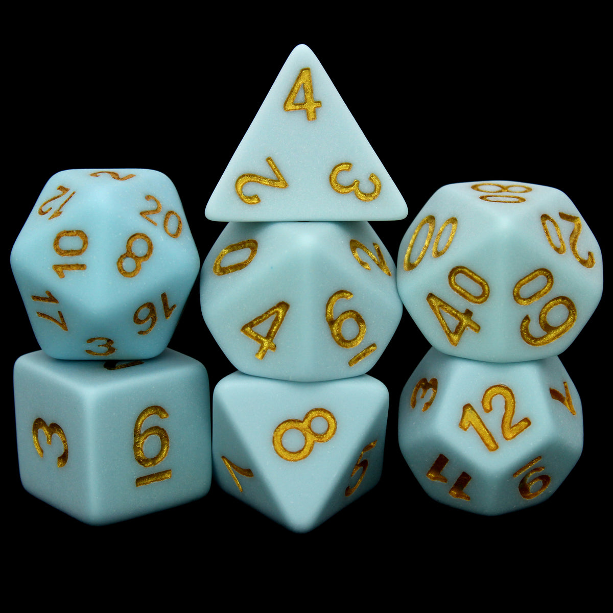 Powder Blue is a 7-piece set of matte, baby blue dice, inked in splendid gold.