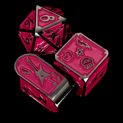 Pretty In Punk is an 8-piece Dice Envy Original set in black metal and manic panic pink enamel, embellished with guitars and punk notebook marginalia.