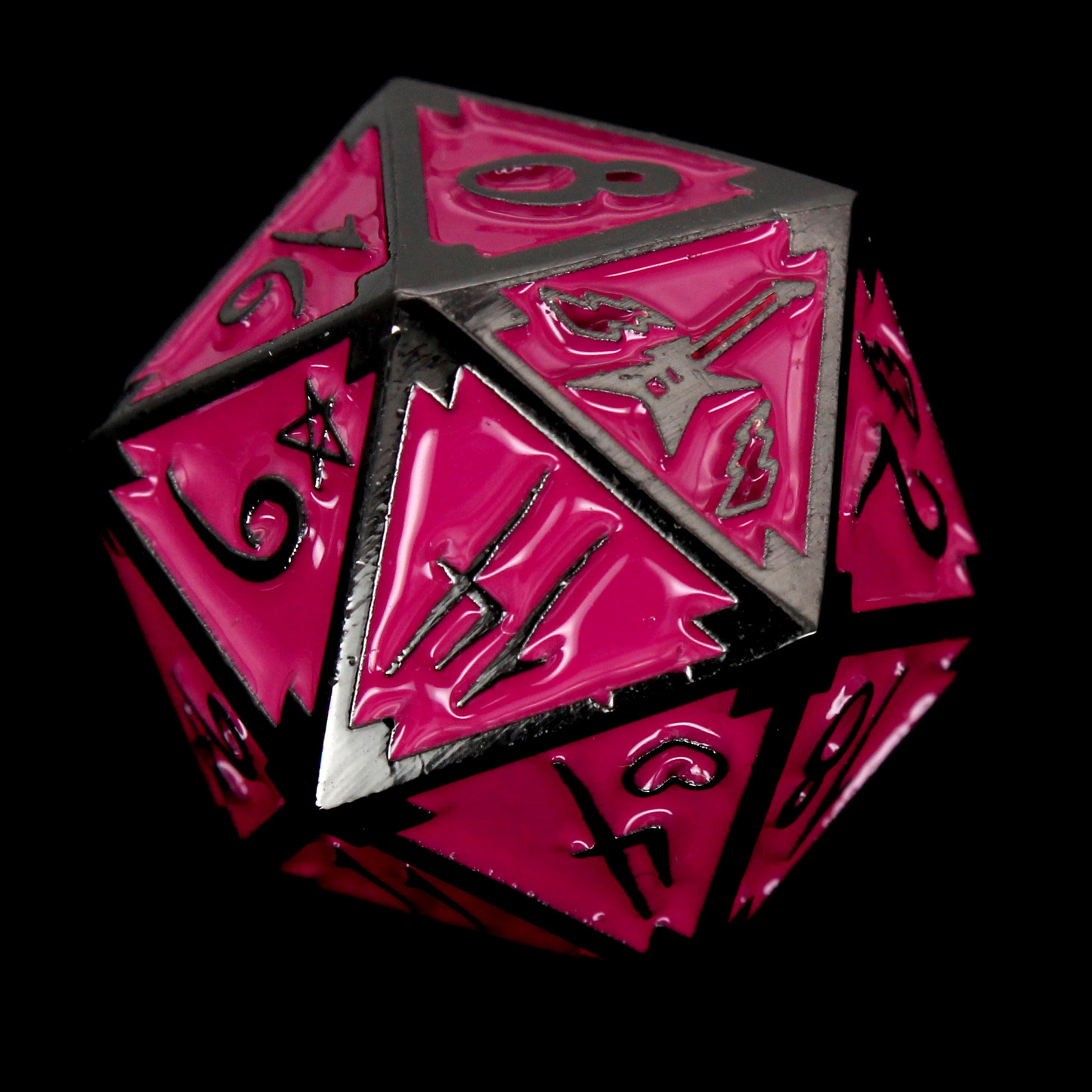 Pretty In Punk is an 8-piece Dice Envy Original set in black metal and manic panic pink enamel, embellished with guitars and punk notebook marginalia.