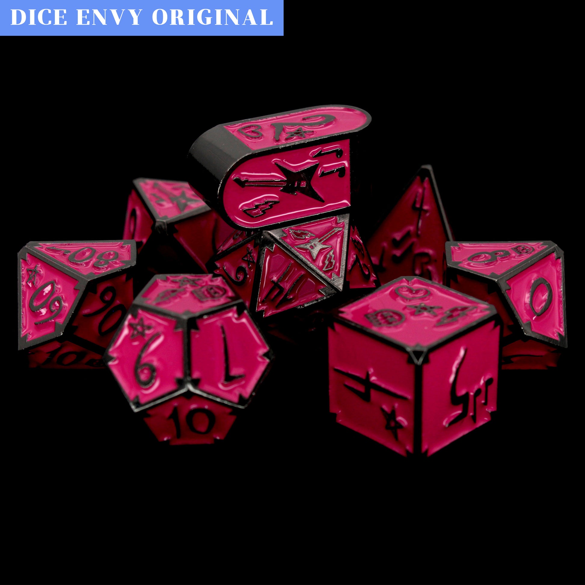 Pretty In Punk is an 8-piece Dice Envy Original set in black metal and manic panic pink enamel, embellished with guitars and punk notebook marginalia.