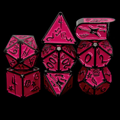 Pretty In Punk is an 8-piece Dice Envy Original set in black metal and manic panic pink enamel, embellished with guitars and punk notebook marginalia.