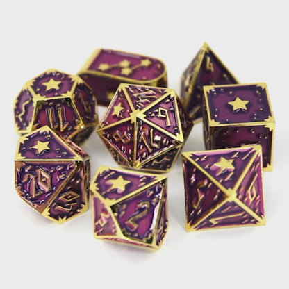 Starsurge is an 8-piece, bright gold metal set in our Dice Envy Original Star mold, filled with fuchsia purple enamel.