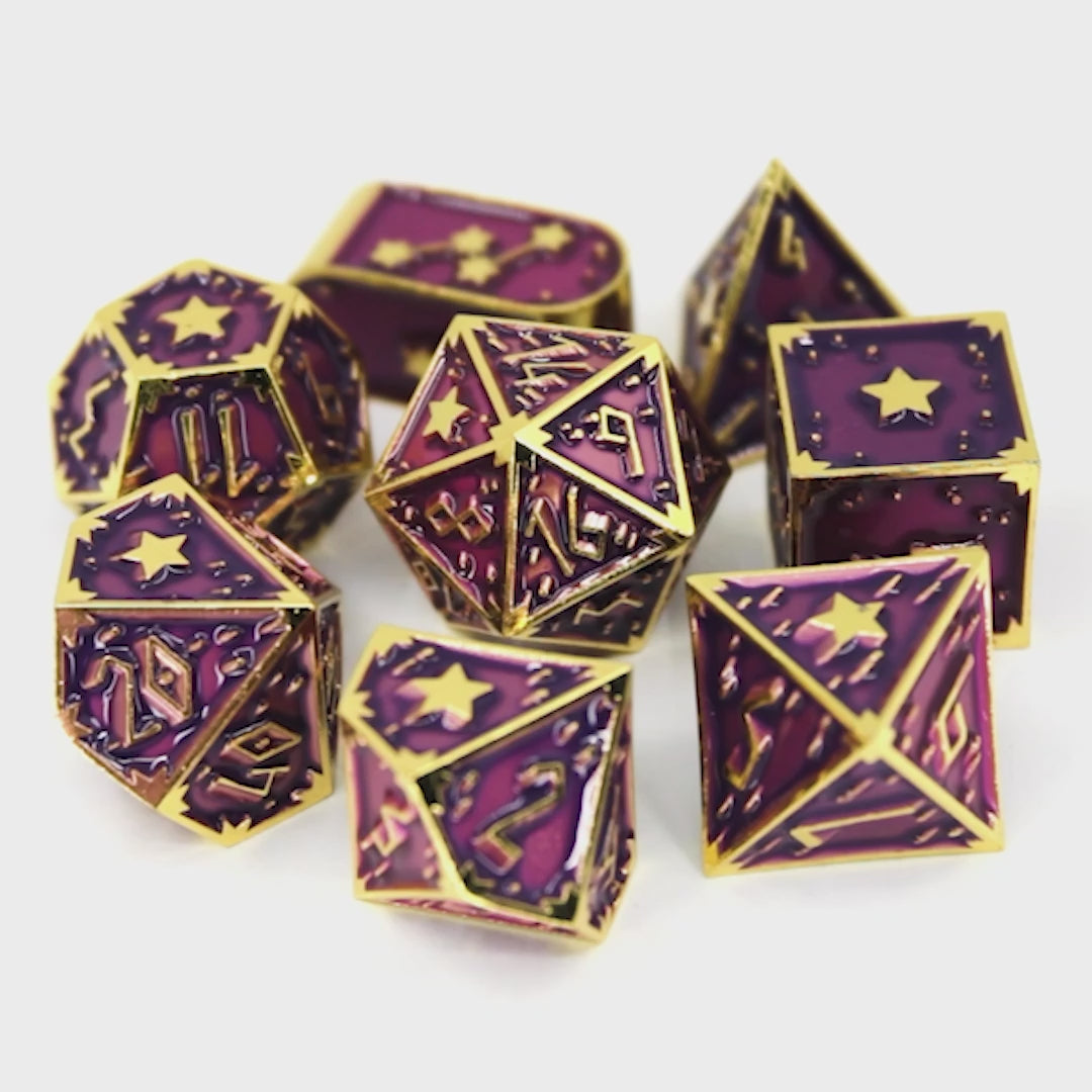 Starsurge is an 8-piece, bright gold metal set in our Dice Envy Original Star mold, filled with fuchsia purple enamel.