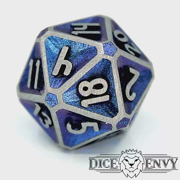 Oath of Devotion is a Dice Envy Exclusive 8-piece set of zinc-alloy, concave, metal dice with a metallic blue paint glaze. It is part of the Oathbound collection.