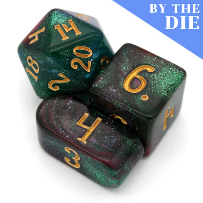 Prismatic Tempest (by the die) are individual opaque resin dice containing a blend of cool hues infused with shimmering, light blue microglitter.