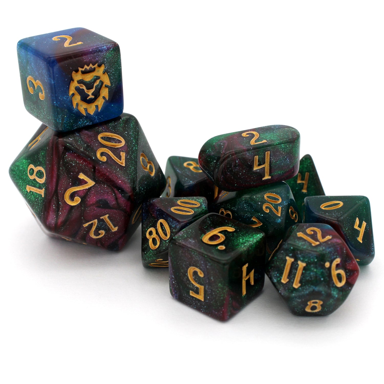 Prismatic Tempest is a 10-piece opaque resin set containing a blend of cool hues infused with shimmering, light blue microglitter.