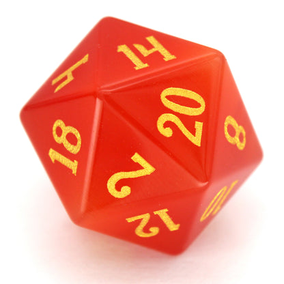 Pyromancer is a 7-piece set of orange cat's eye glass dice with gold numbering.