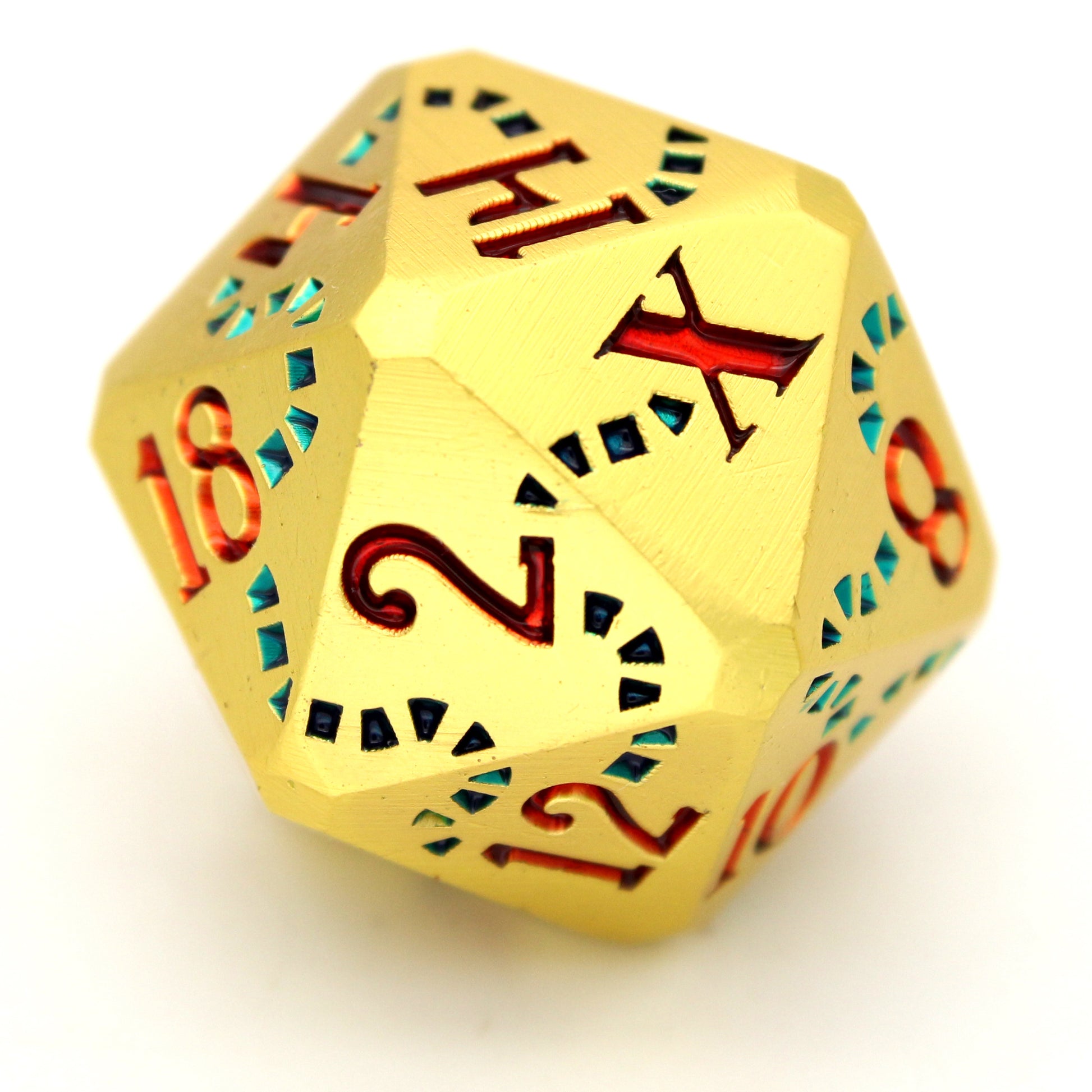 Queen Anne's Revenge is a Dice Envy Exclusive 8-piece set of gold metal dice with a treasure map engraving inked in blue and red. It is part of the Pirate Dice collection.