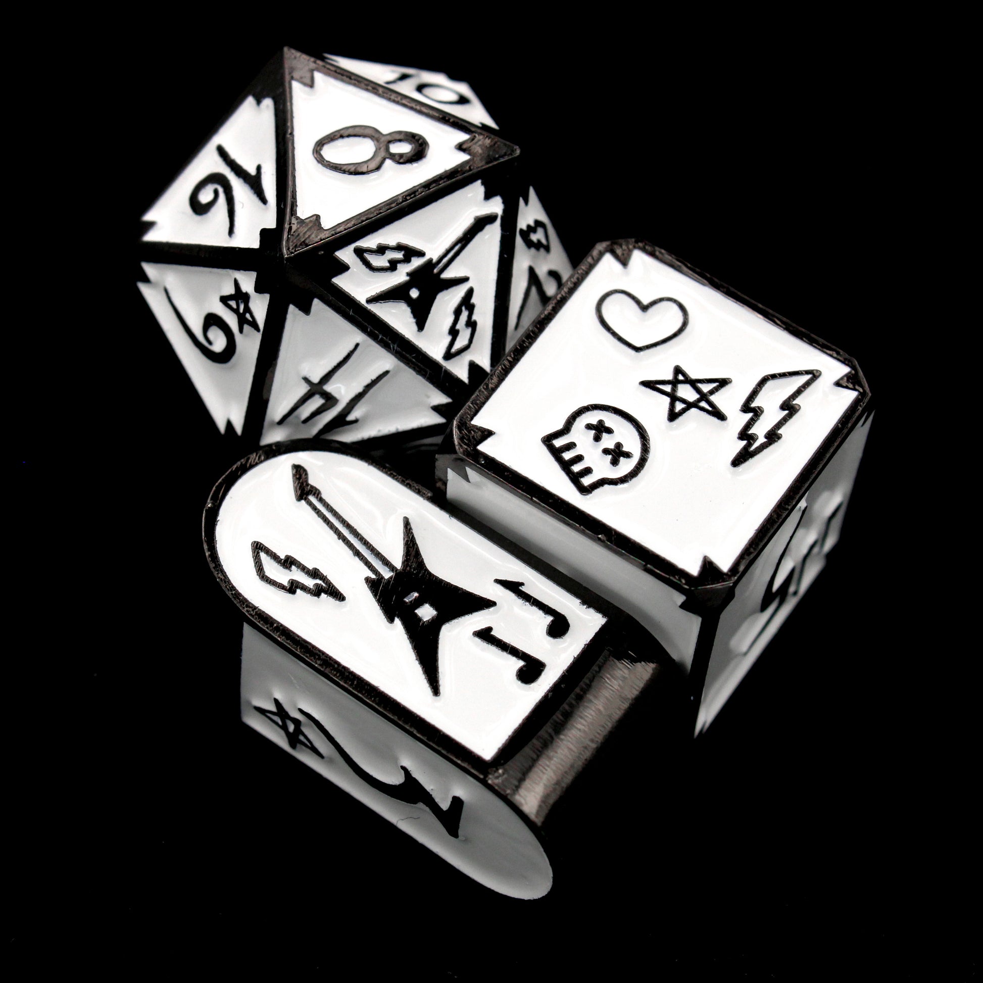 Radio Edit is an 8-piece Dice Envy Original set in black metal and white enamel, embellished with guitars and punk notebook marginalia.