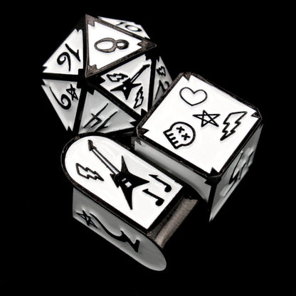 Radio Edit is an 8-piece Dice Envy Original set in black metal and white enamel, embellished with guitars and punk notebook marginalia.