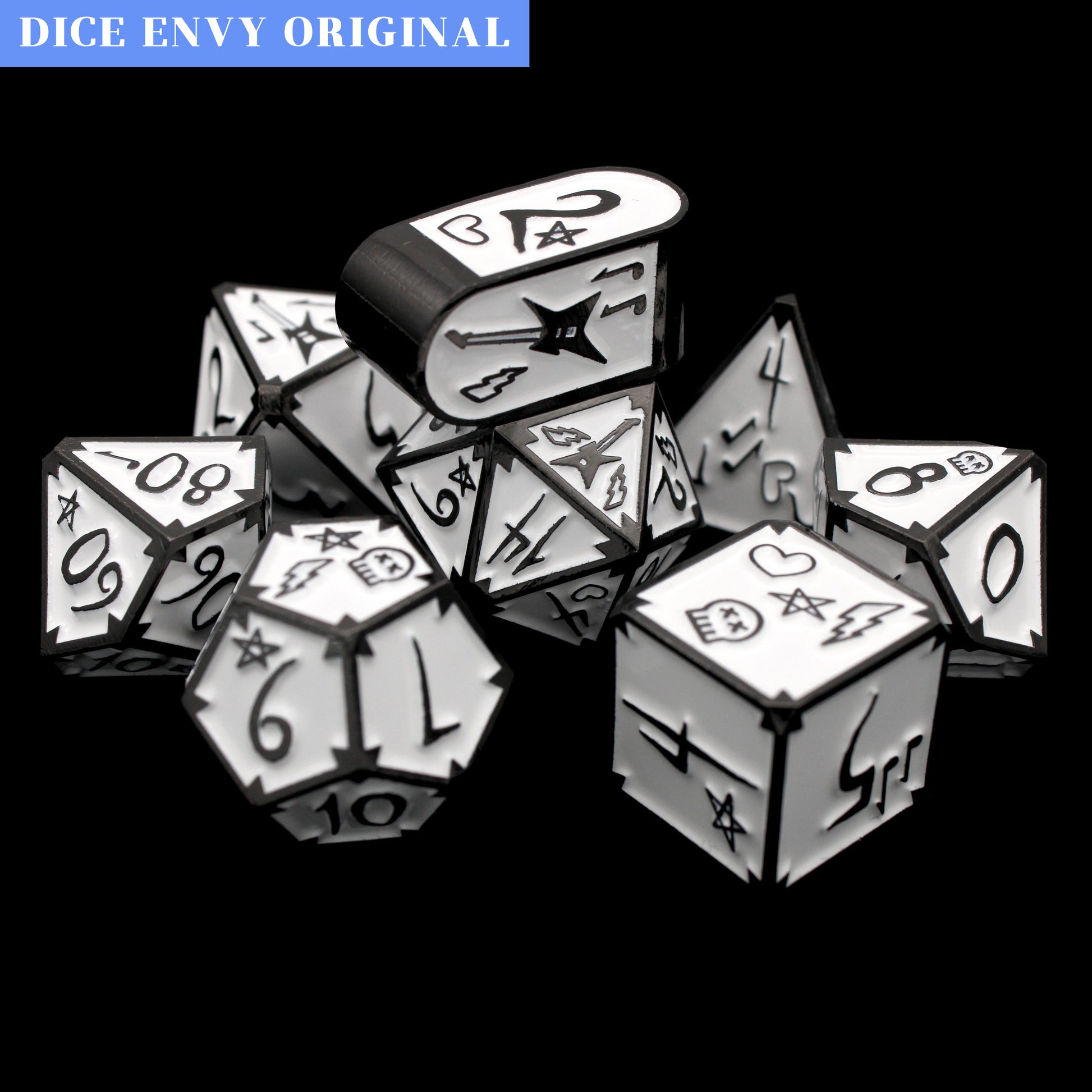 Radio Edit is an 8-piece Dice Envy Original set in black metal and white enamel, embellished with guitars and punk notebook marginalia.