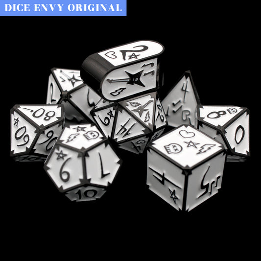 Radio Edit is an 8-piece Dice Envy Original set in black metal and white enamel, embellished with guitars and punk notebook marginalia.