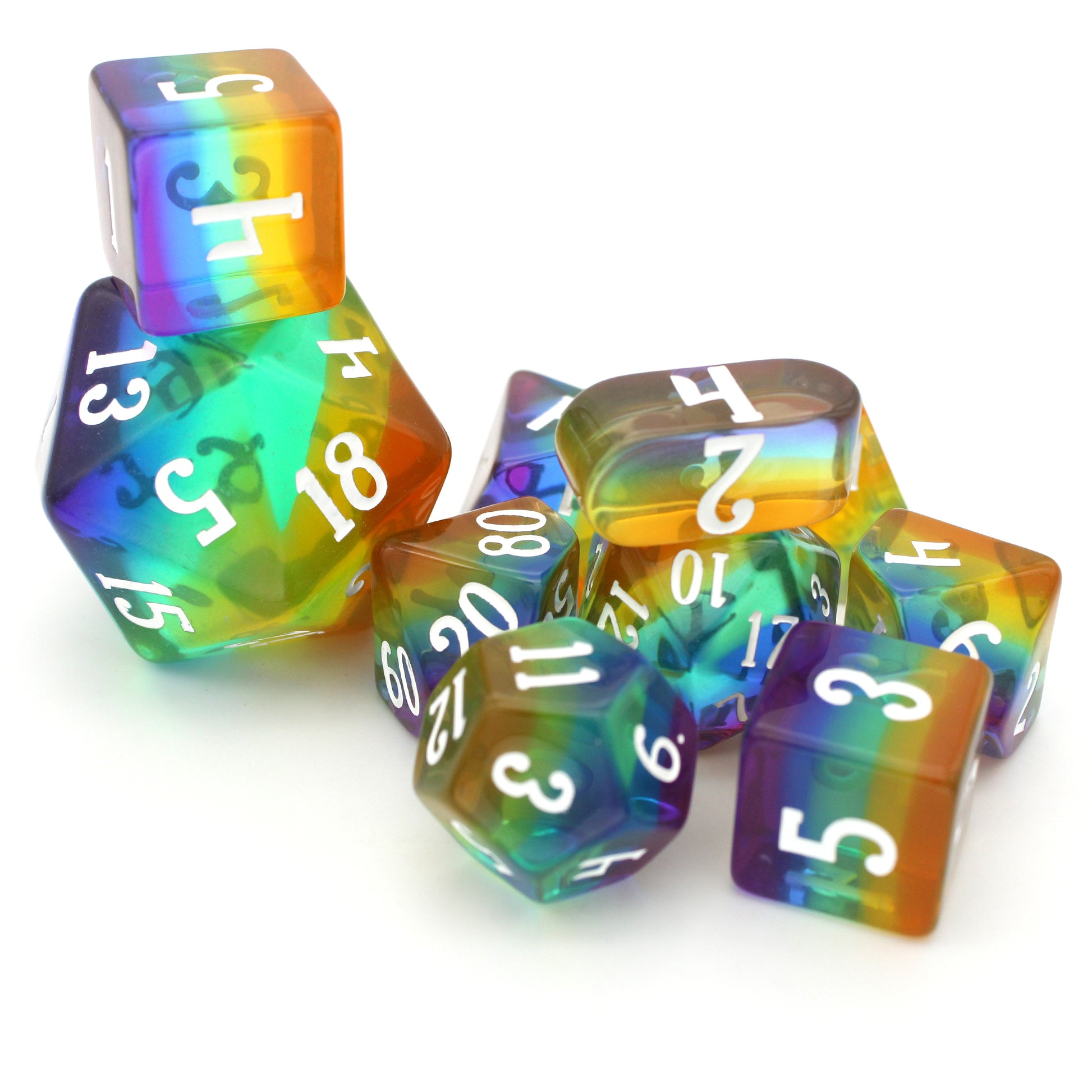 Rainbow is a 10-piece set of translucent multicolored resin dice.