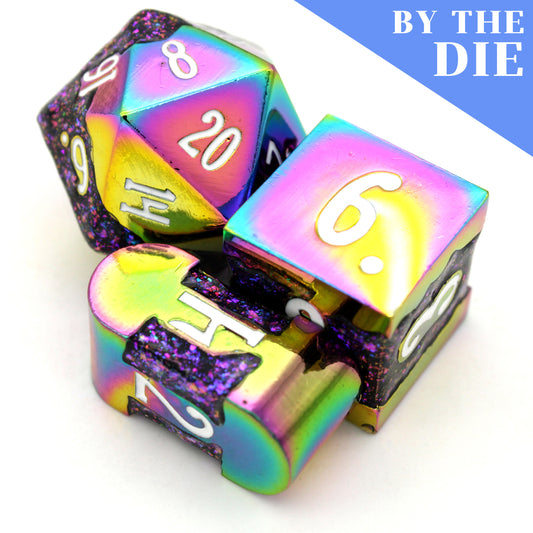Rainbow Rebellion (by the die) individual dice are neochrome metal dice streaked through with vibrant purple glitter enamel and inked in blinding white.