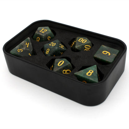 Ranger Danger is a 7-piece set of green stone dice with gold ink numbering.