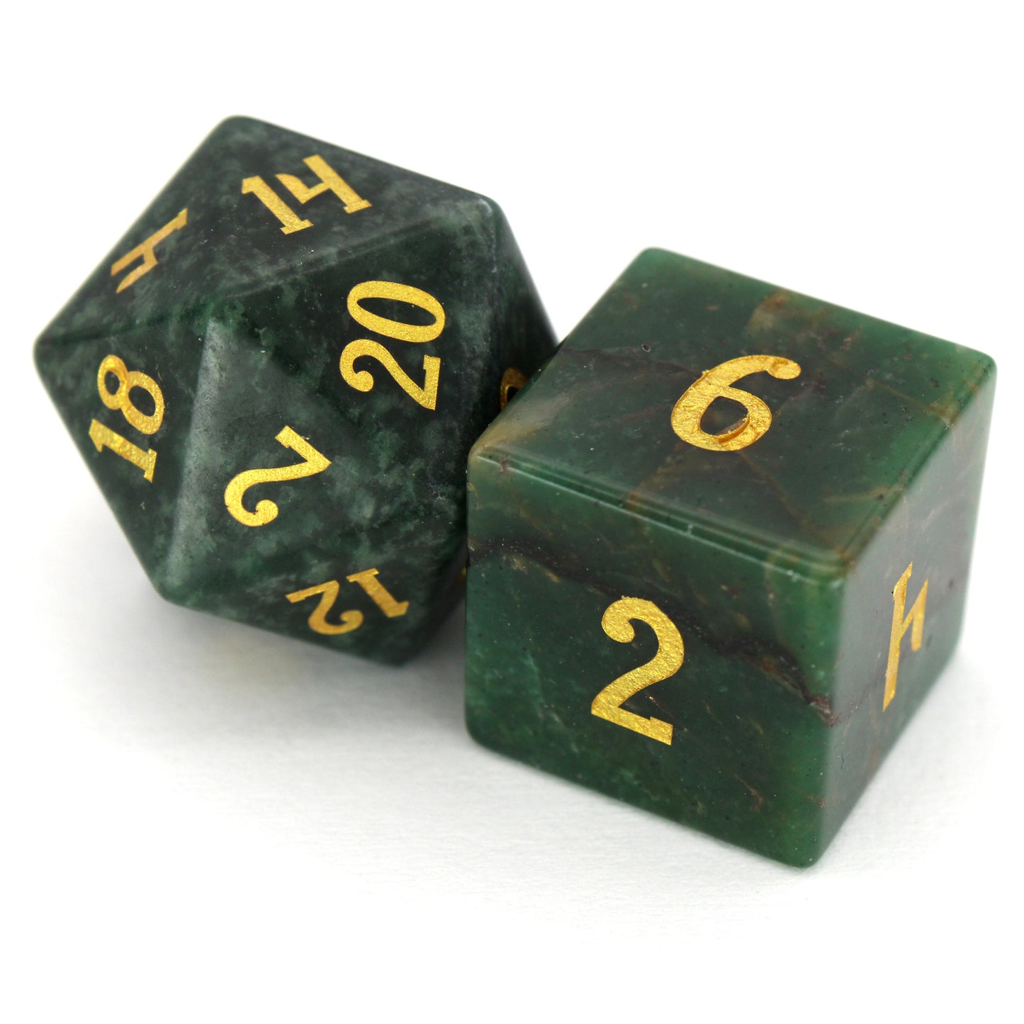 Ranger Danger is a 7-piece set of green stone dice with gold ink numbering.
