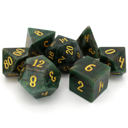 Ranger Danger is a 7-piece set of green stone dice with gold ink numbering.