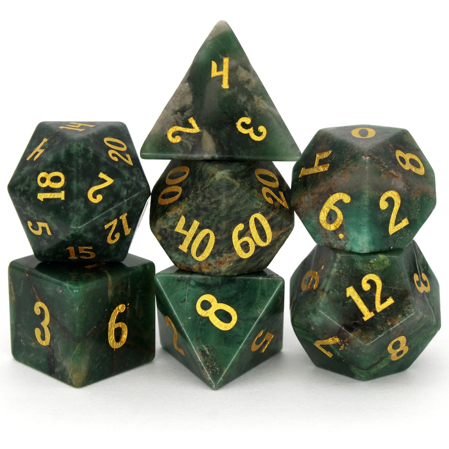 Ranger Danger is a 7-piece set of green stone dice with gold ink numbering.