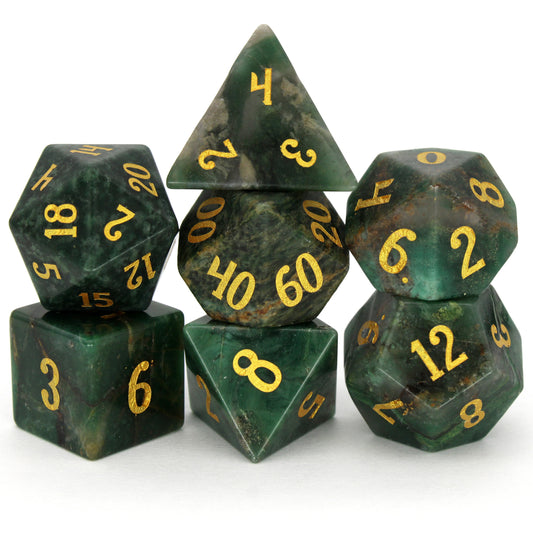 Ranger Danger is a 7-piece set of green stone dice with gold ink numbering.
