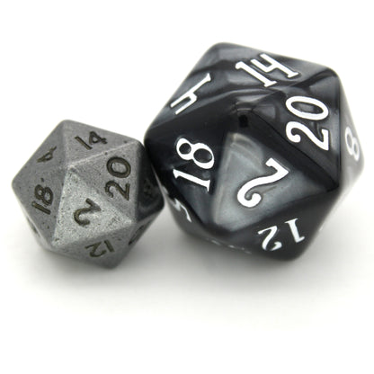 Rascals is a 7-piece set of ancient silver colored 10mm metal dice.