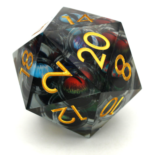 Recurring Nightmare is a 50mm transparent liquid core d20 with shifting eyeball inclusions.