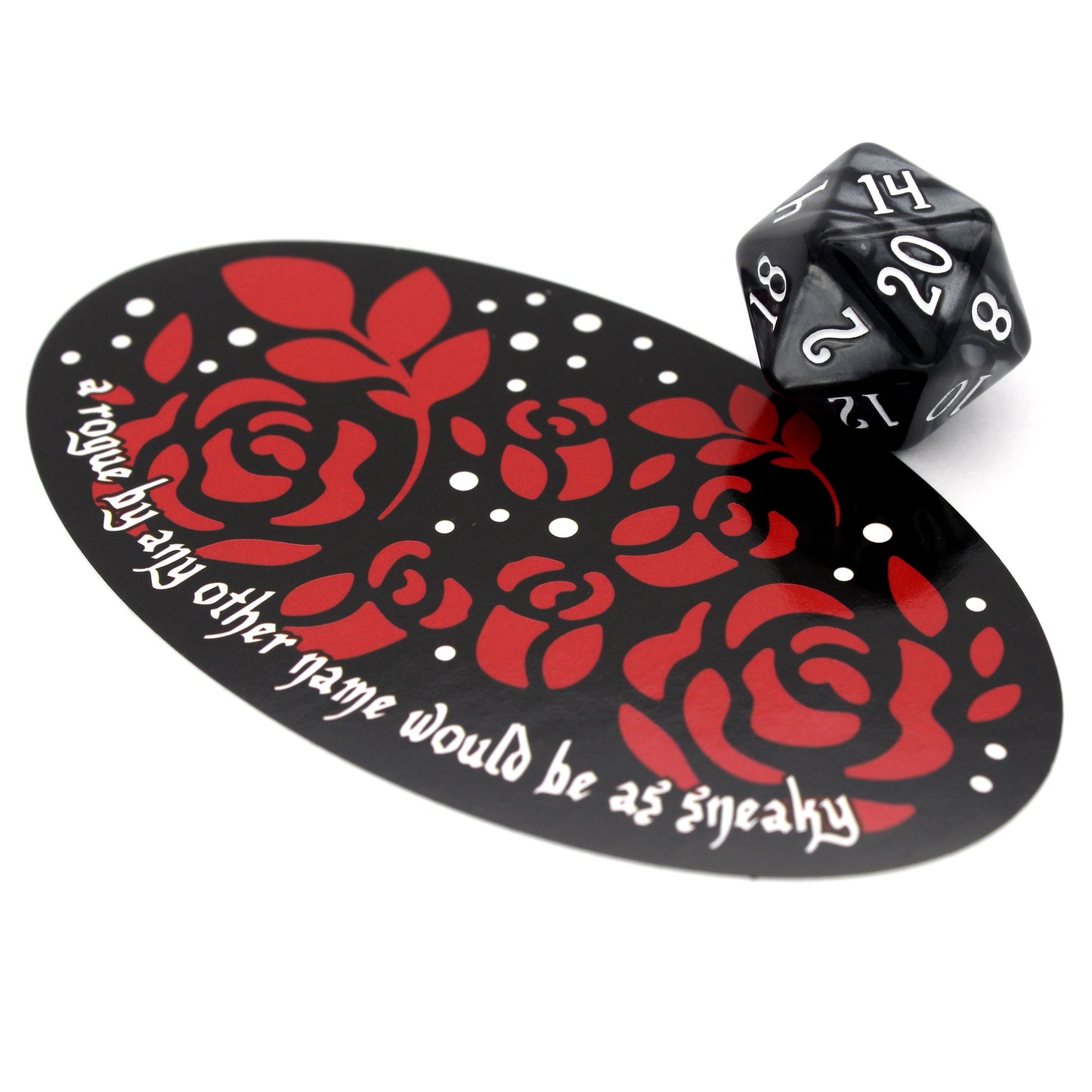 Dice Envy Stickers are generally between 2" and 4" long and feature D&D and TTRPG inspired designs, as well as variations on our mascot Brockton, ranging from delightful to disconcerting.