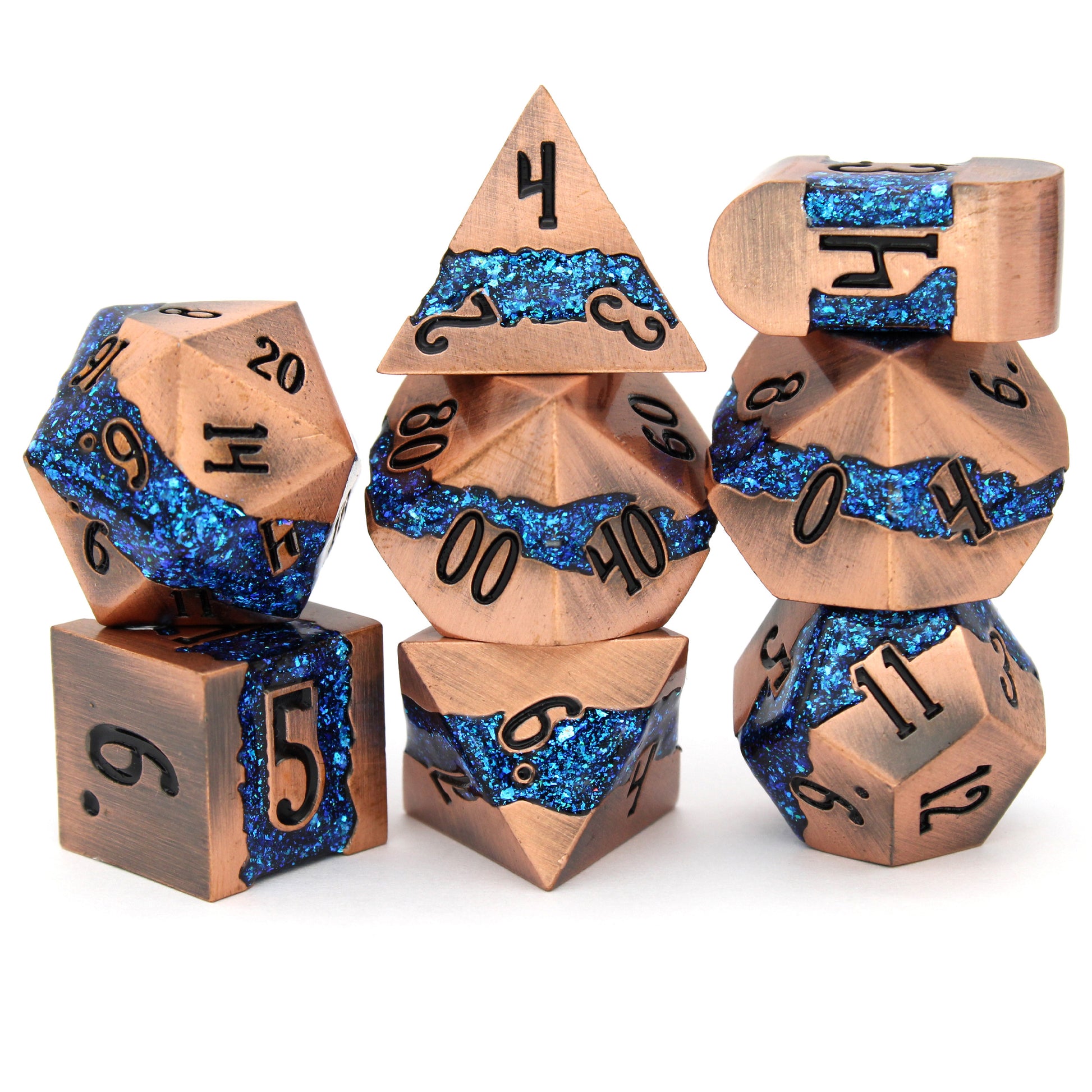 Rolling River is an 8-piece metal dice set with a rich copper frame and brilliantly glittering teal-blue enamel.