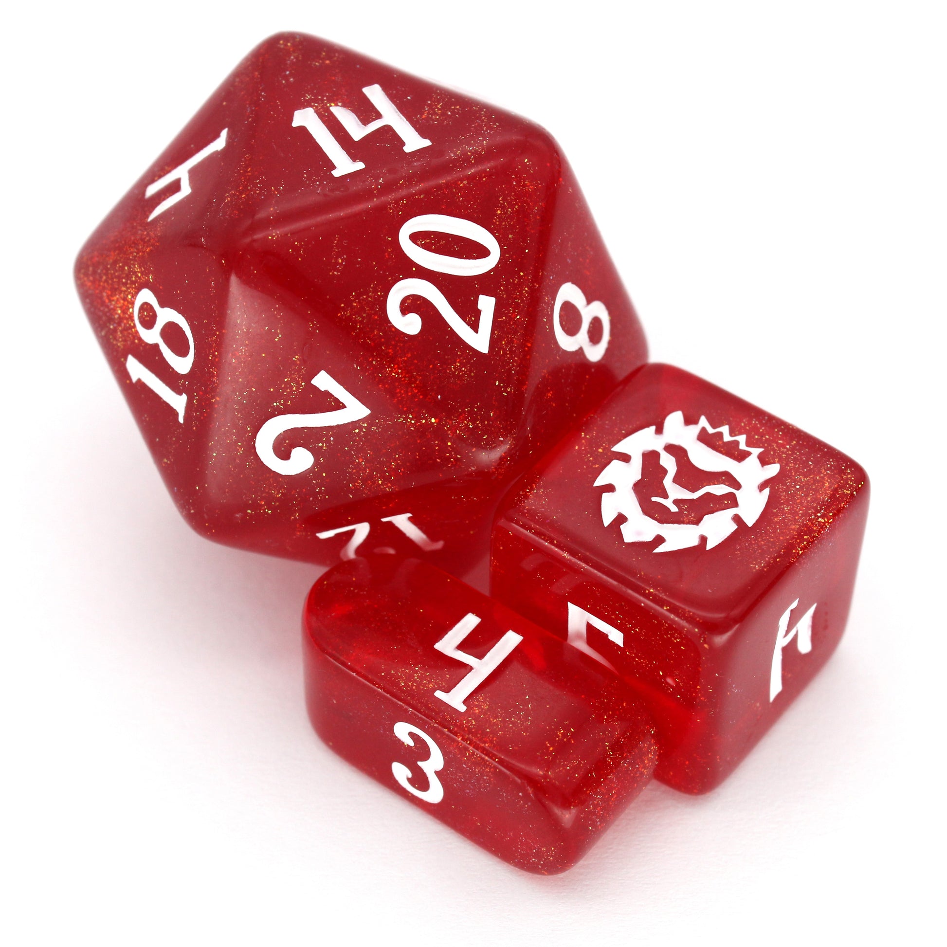 Ruby Trap is a 10-piece semi-transparent, red acrylic set filled with micro glitter, inked in white.