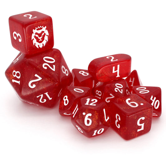 Ruby Trap is a 10-piece semi-transparent, red acrylic set filled with micro glitter, inked in white.