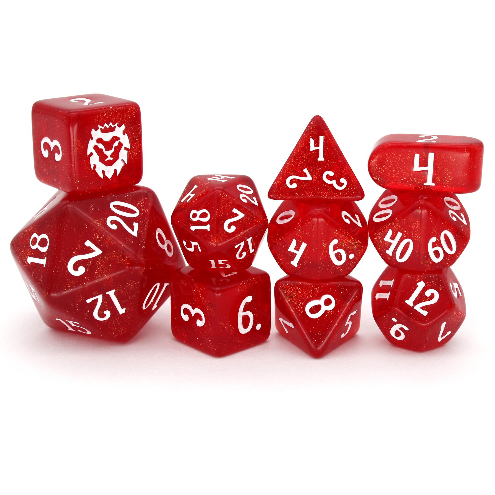 Ruby Trap is a 10-piece semi-transparent, red acrylic set filled with micro glitter, inked in white.