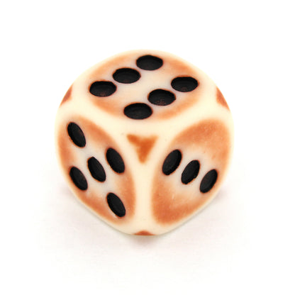 Rust Antennae is a 10-piece set of matte pale-colored 12mm d6s, with a rust patina, and pips inked in black.