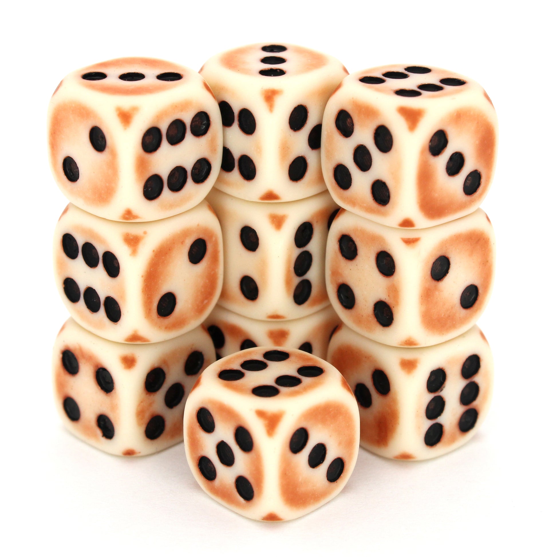 Rust Antennae is a 10-piece set of matte pale-colored 12mm d6s, with a rust patina, and pips inked in black.