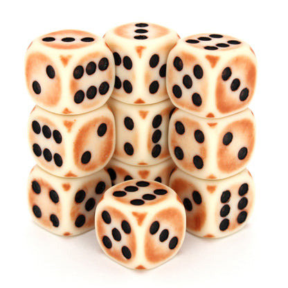 Rust Antennae is a 10-piece set of matte pale-colored 12mm d6s, with a rust patina, and pips inked in black.