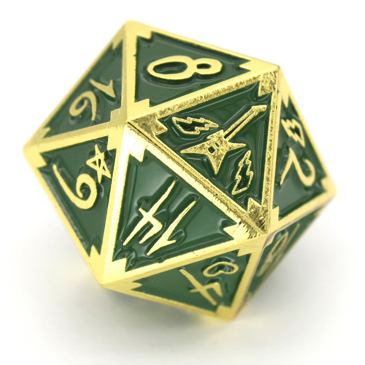 S8yr Boi is an 8-piece Dice Envy Original set in gold metal and green enamel, embellished with guitars and punk notebook marginalia.